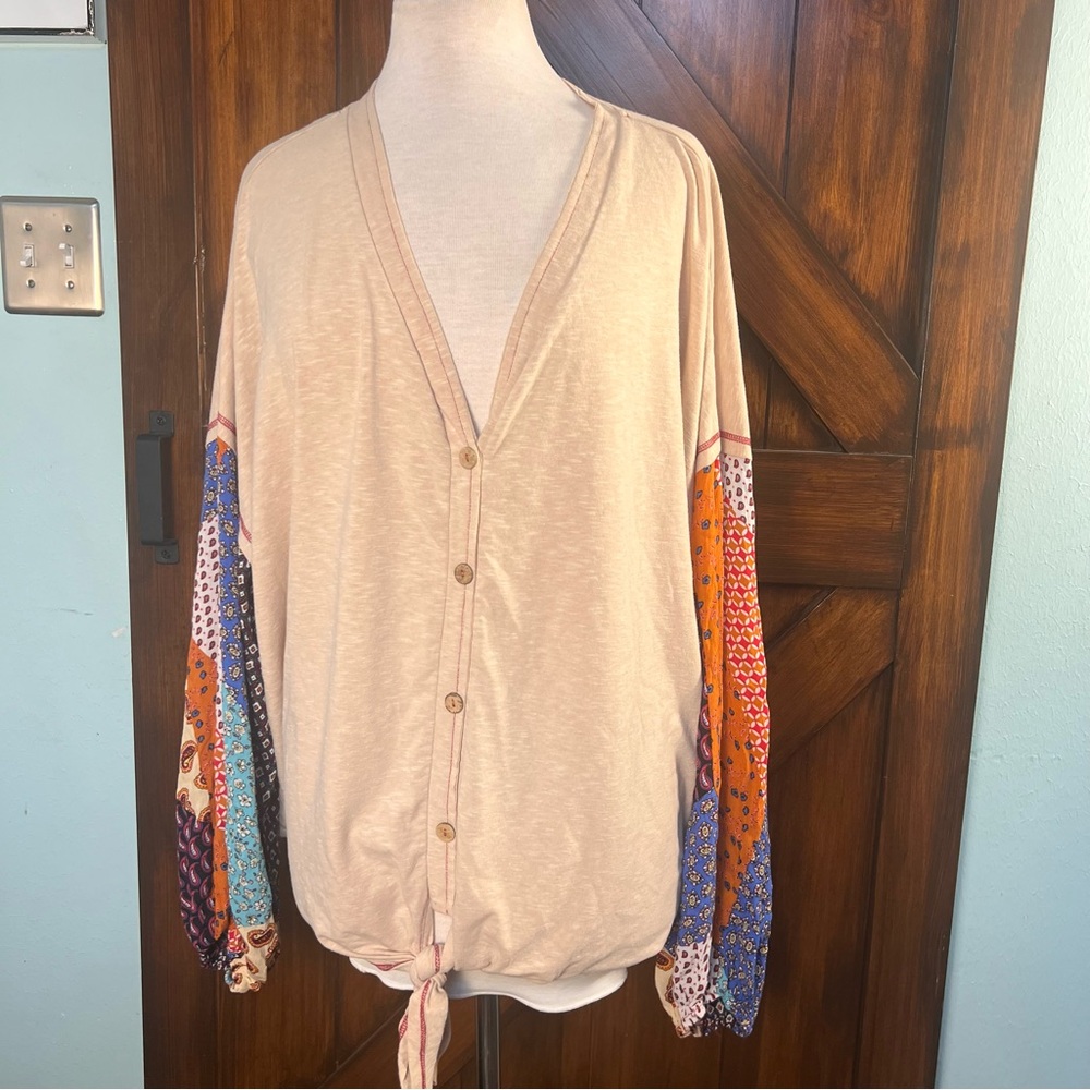 Boho Beige‎ Button Up Blouse with Mixed Print Balloon Sleeves Womens XL